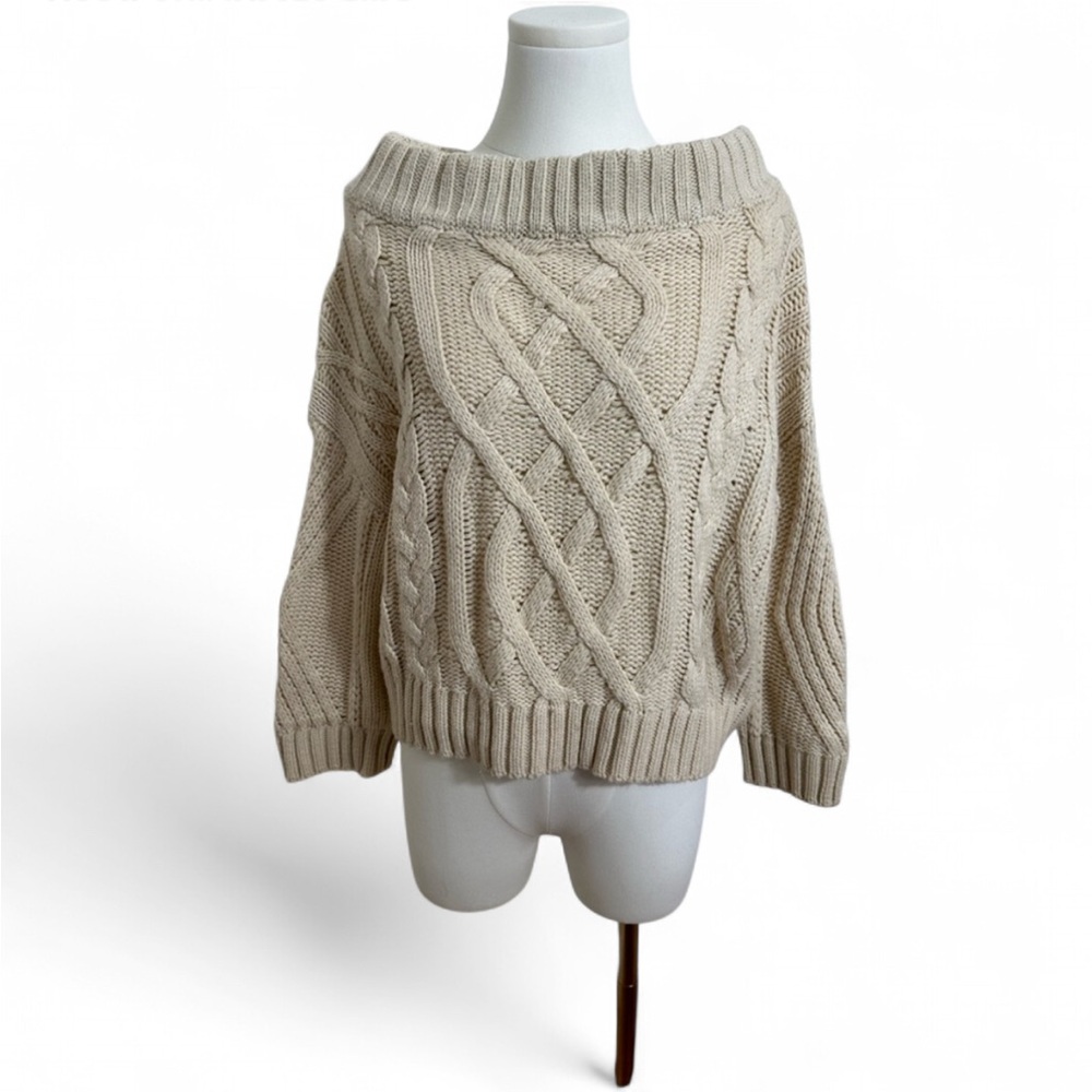 Aakaa Women’s off the shoulder Cable Knit Cream Sweater